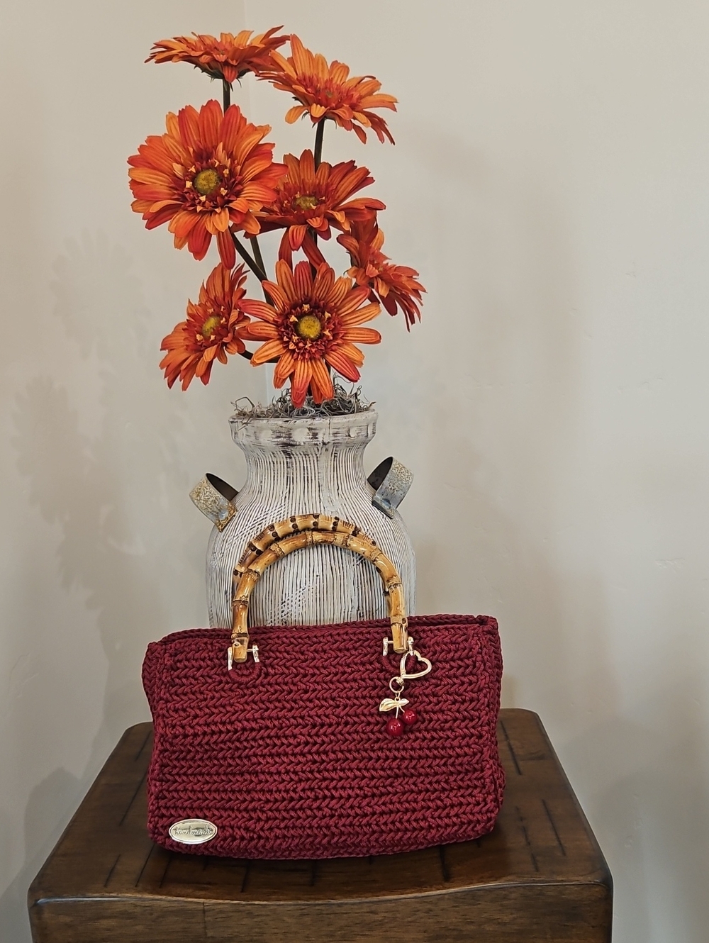 Hand Crocheted Red Handbag with Bamboo Handles